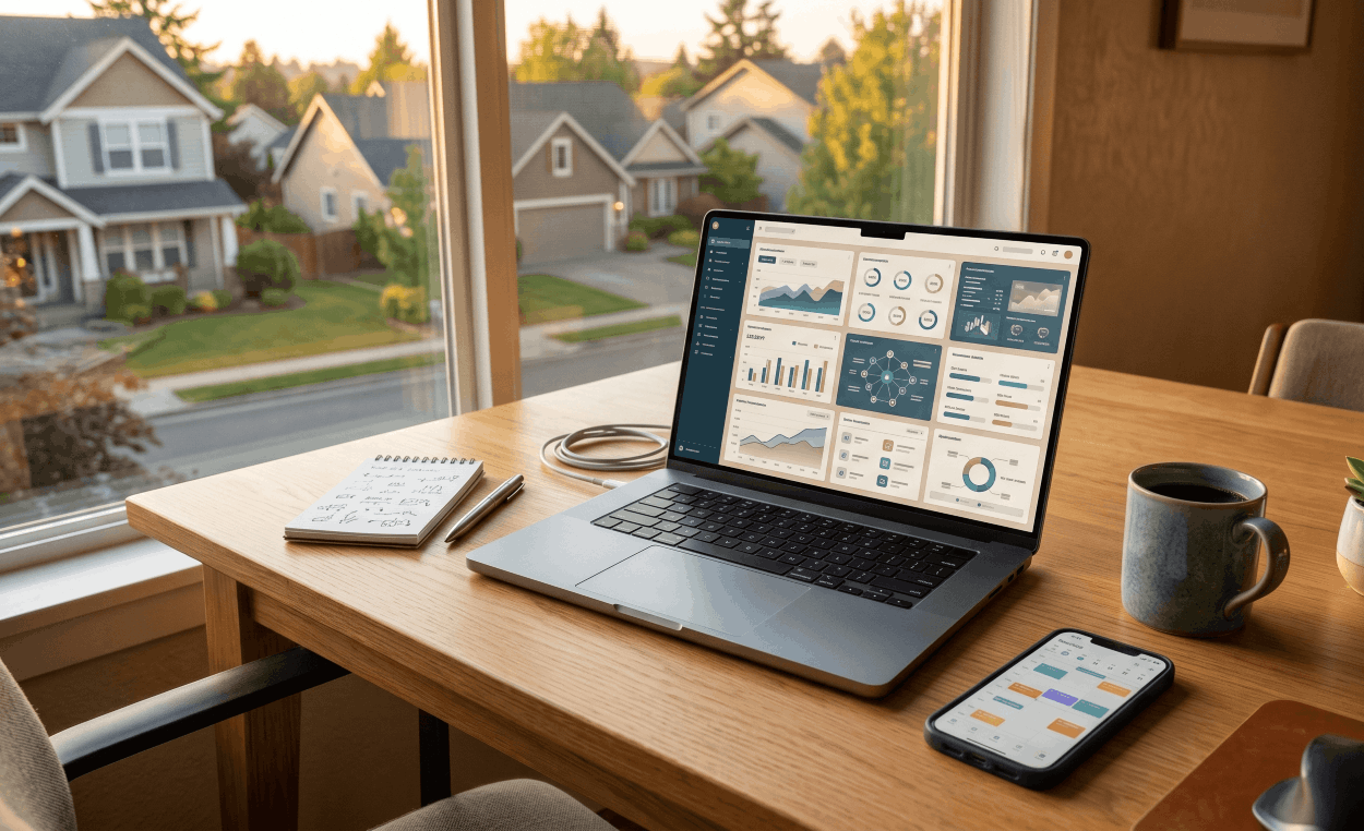 US real estate agent workspace with laptop showing AI tool interfaces — best AI tools for real estate agents 2026 with suburban homes visible through window at golden hour
