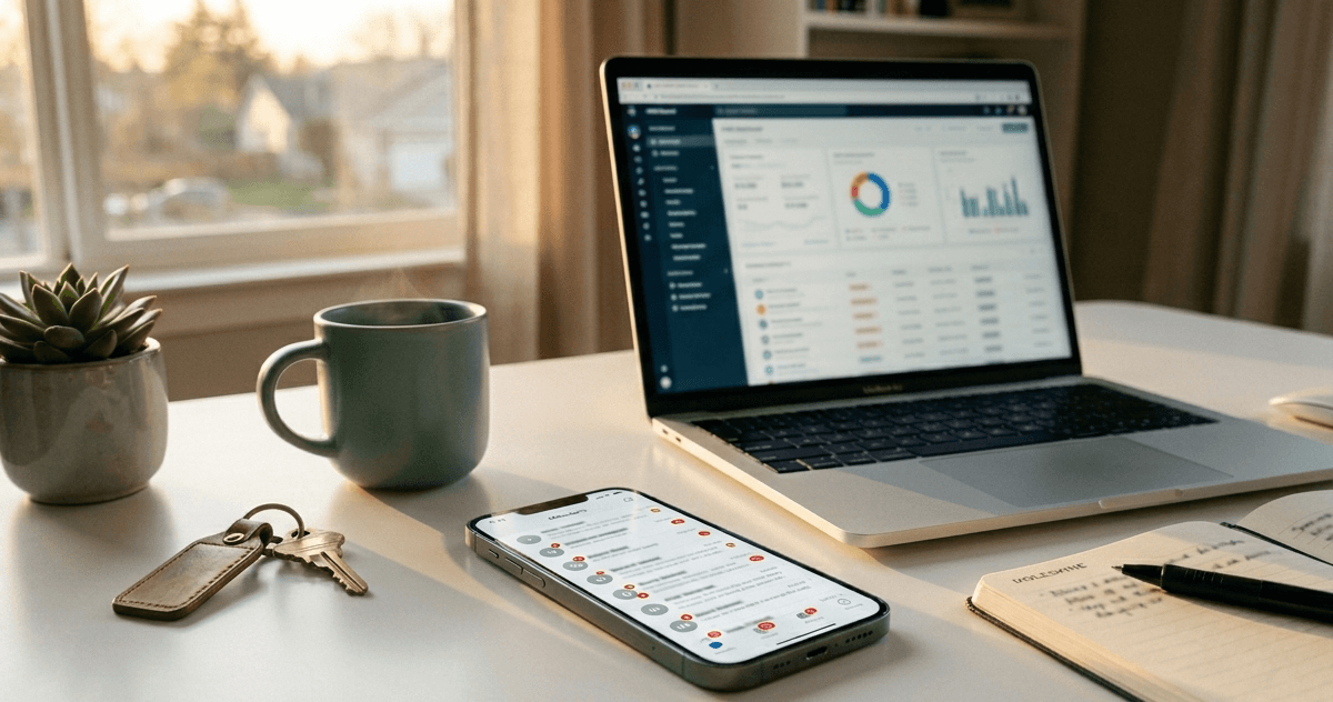 real estate lead conversion tools — US agent desk with smartphone showing missed lead notifications and CRM dashboard at golden hour