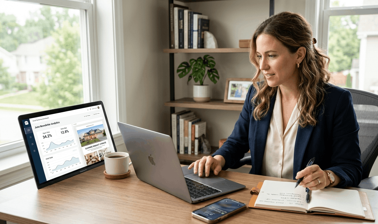 US real estate agent reviewing email marketing analytics and a past-client newsletter — comparing the best email marketing software for real estate agents in 2026.