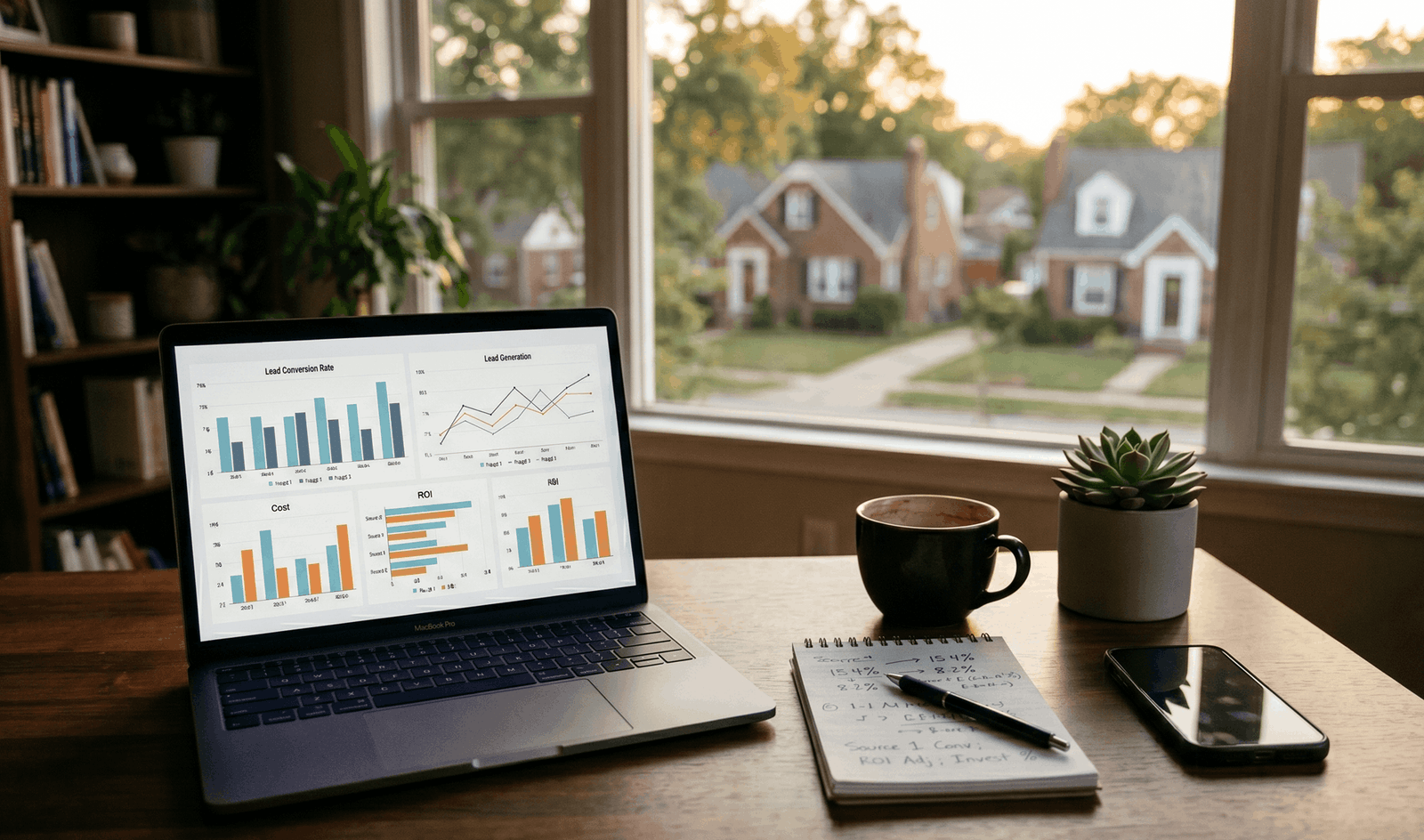 US real estate agent workspace comparing Zillow Premier Agent alternatives — laptop with performance dashboard, notepad with ROI calculations, suburban homes through window at golden hour