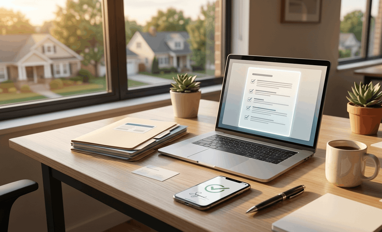 Organized US real estate transaction management software — laptop with document checklist, file folders, signed-document confirmation on phone at golden hour
