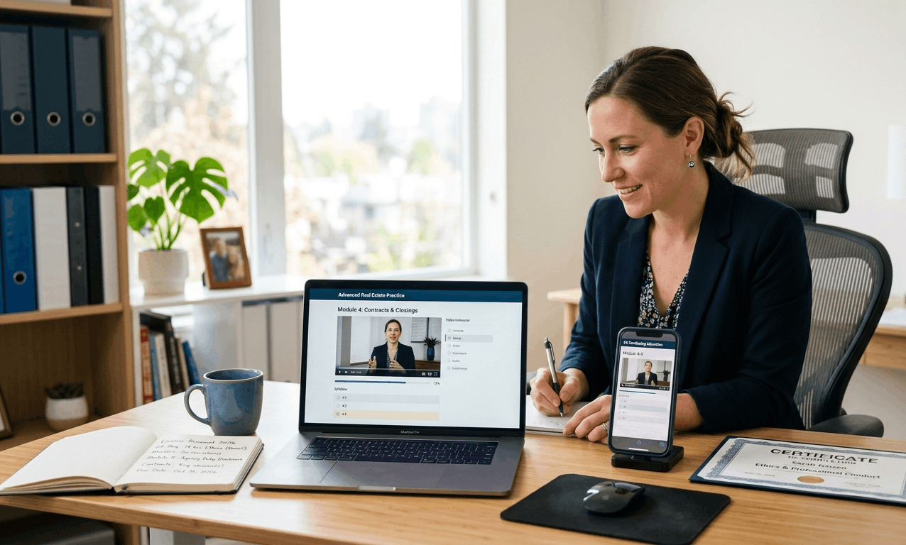 US real estate agent completing continuing education courses across laptop and phone — comparing the best real estate continuing education providers for 2026.