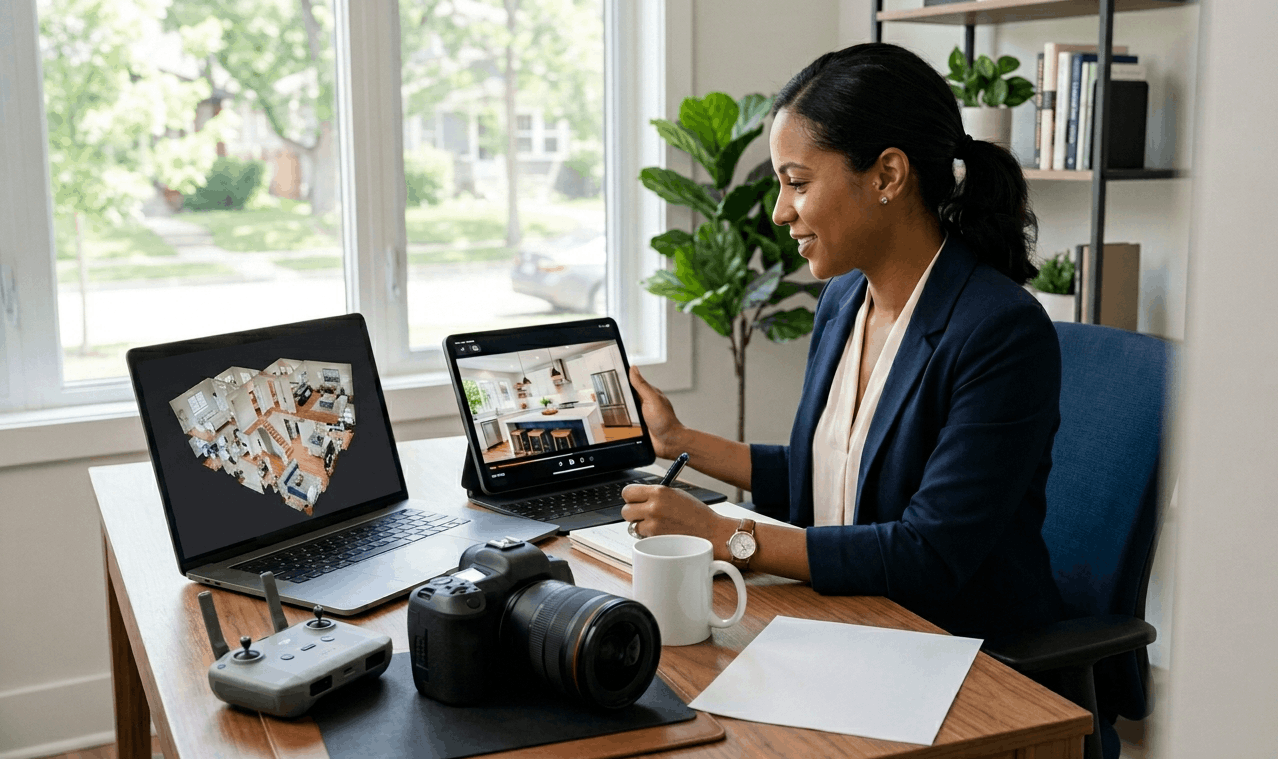 US real estate agent reviewing 3D virtual tour and listing video — comparing the best real estate listing media platforms for 2026.