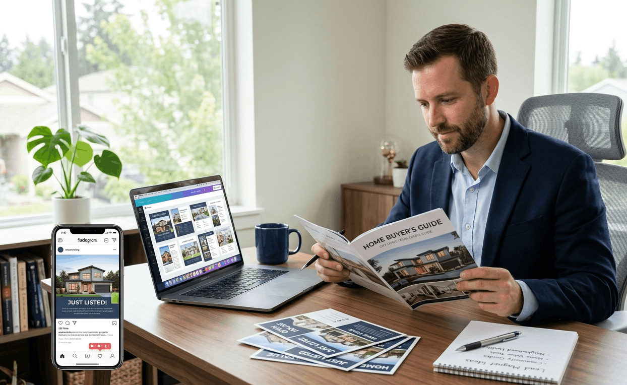 US real estate agent reviewing branded buyer guides, social media templates, and lead magnets on laptop — comparing the best real estate marketing templates for 2026
