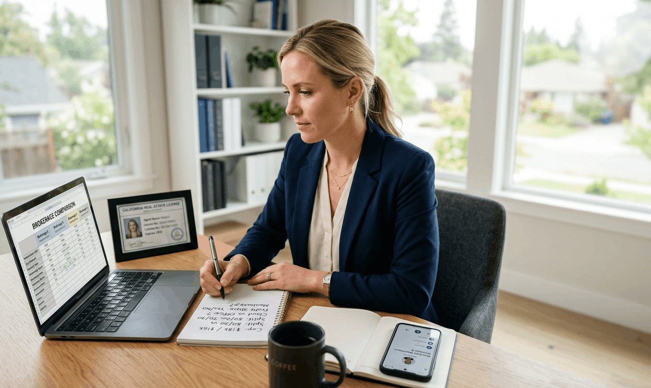 US real estate agent comparing brokerage commission splits and fees on a laptop — evaluating the best real estate brokerages to join in 2026.
