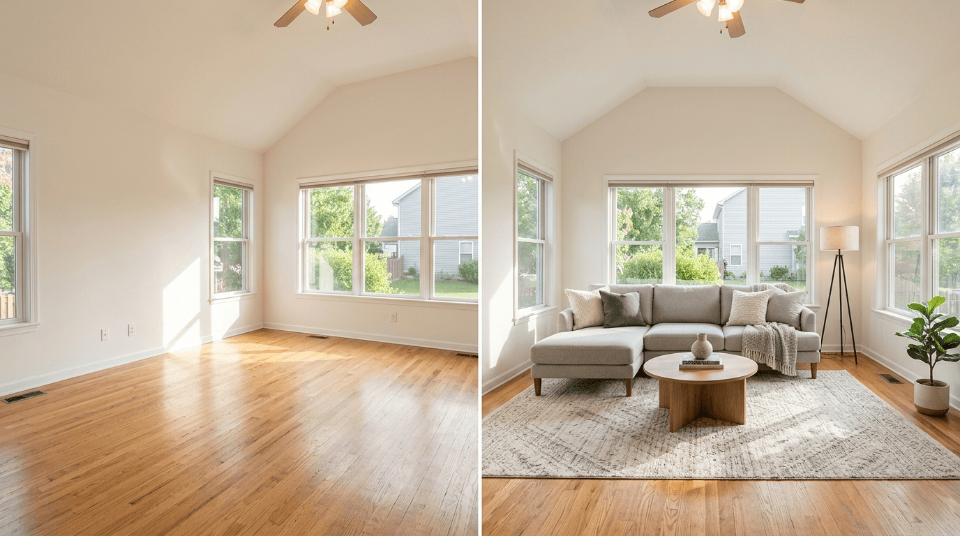 REimagineHome review — empty living room and the same room virtually staged with AI for a real estate listing